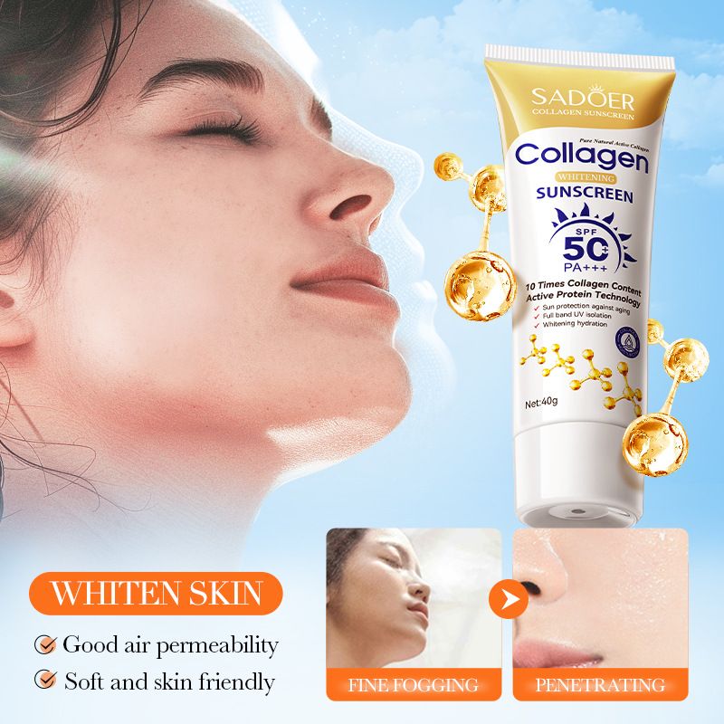 【Clearance Sale】SADOER Collagen Sunscreen SPF 50 – Broad Spectrum UVA/UVB Protection with Active Protein & Collagen – Lightweight, Hydrating, Anti-Aging Formula – 40g