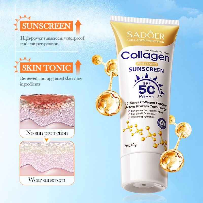 【Clearance Sale】SADOER Collagen Sunscreen SPF 50 – Broad Spectrum UVA/UVB Protection with Active Protein & Collagen – Lightweight, Hydrating, Anti-Aging Formula – 40g