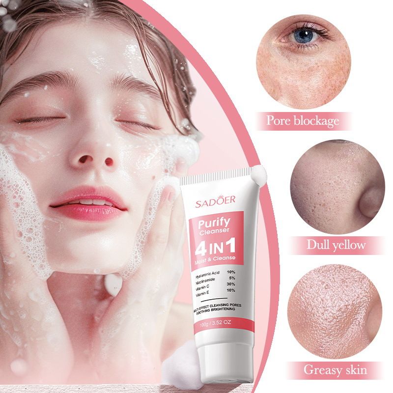 【Clearance Sale】SADOER 4-in-1 Multi-effect Facial Cleanser for Pore Purification and Cleansing,Travel Size with Sensitive Skin and Acne Makeup Removing Amino Acid Cleansing