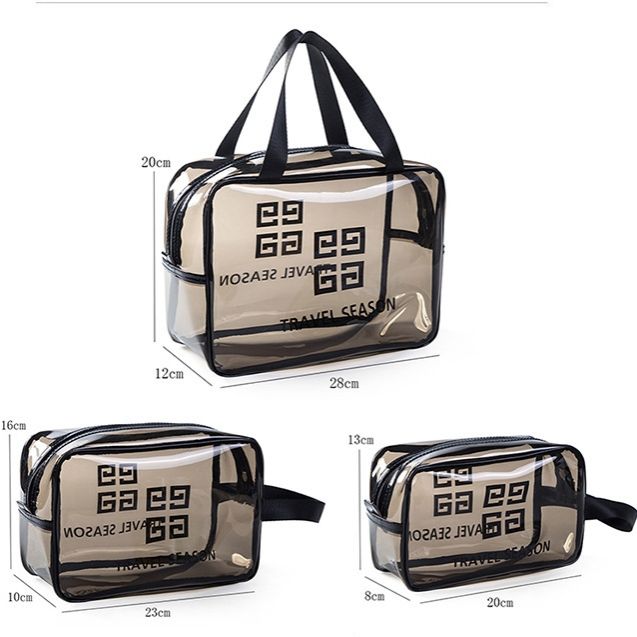 【Clearance Sale】Clear Travel Toiletries Bag, 3 in 1 Wash & Makeup Bags with Zippers Travel Accessories Portable PVC Travel Wash Bags Waterproof Cosmetic Makeup Bags for Women and Men (Black) - 3Pcs