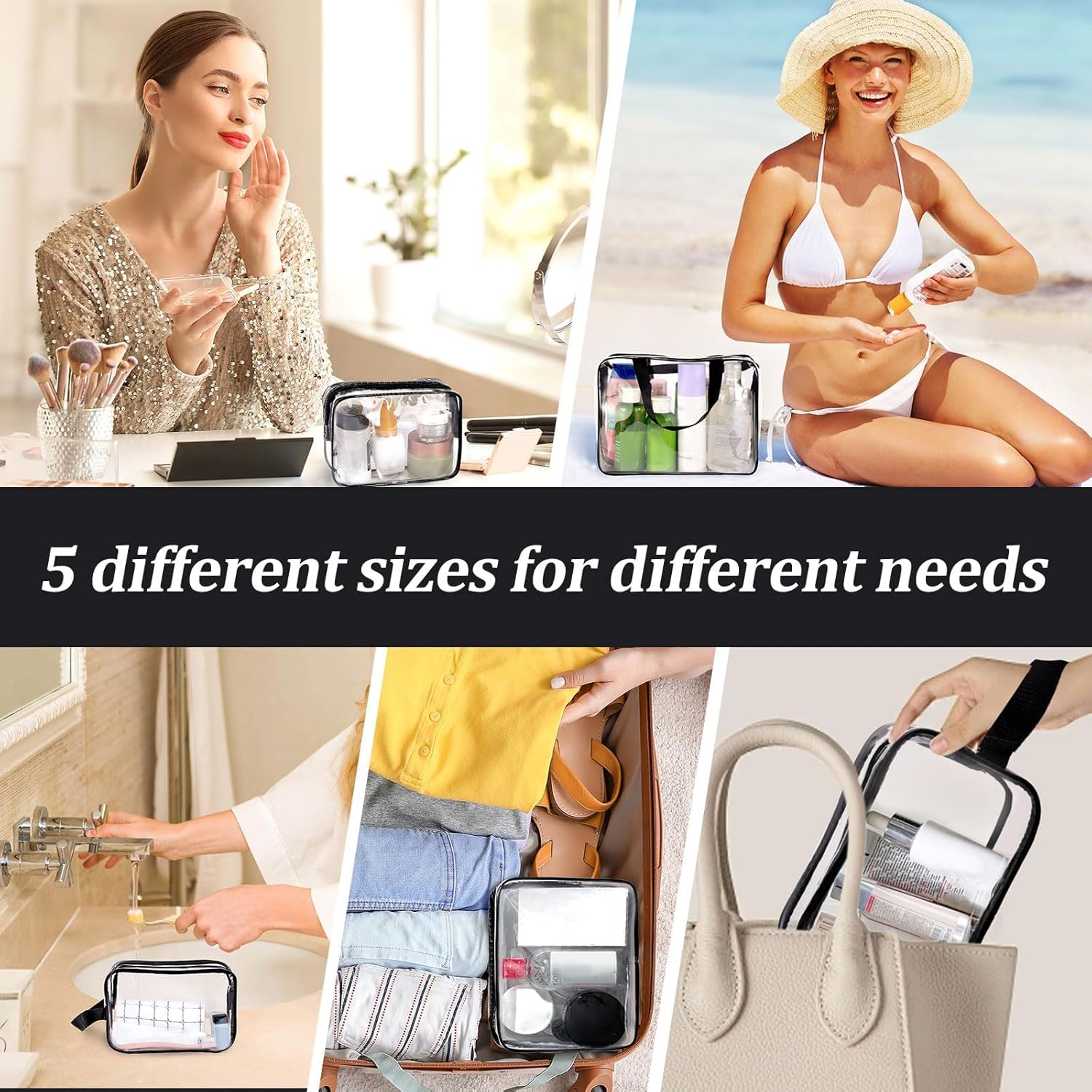 【Clearance Sale】Clear Travel Toiletries Bag, 3 in 1 Wash & Makeup Bags with Zippers Travel Accessories Portable PVC Travel Wash Bags Waterproof Cosmetic Makeup Bags for Women and Men (Black) - 3Pcs