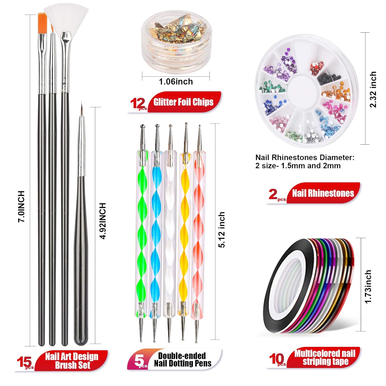 Nail Art Brushes,3D Nail Art Paiting Polish Design Kit with 15 Nail Gel Brushes, Nail Dotting Pen 5pcs, 12 Colors Nail Rinestones 10 Adhesive Nail Striping Tape for False Acrylic Nails