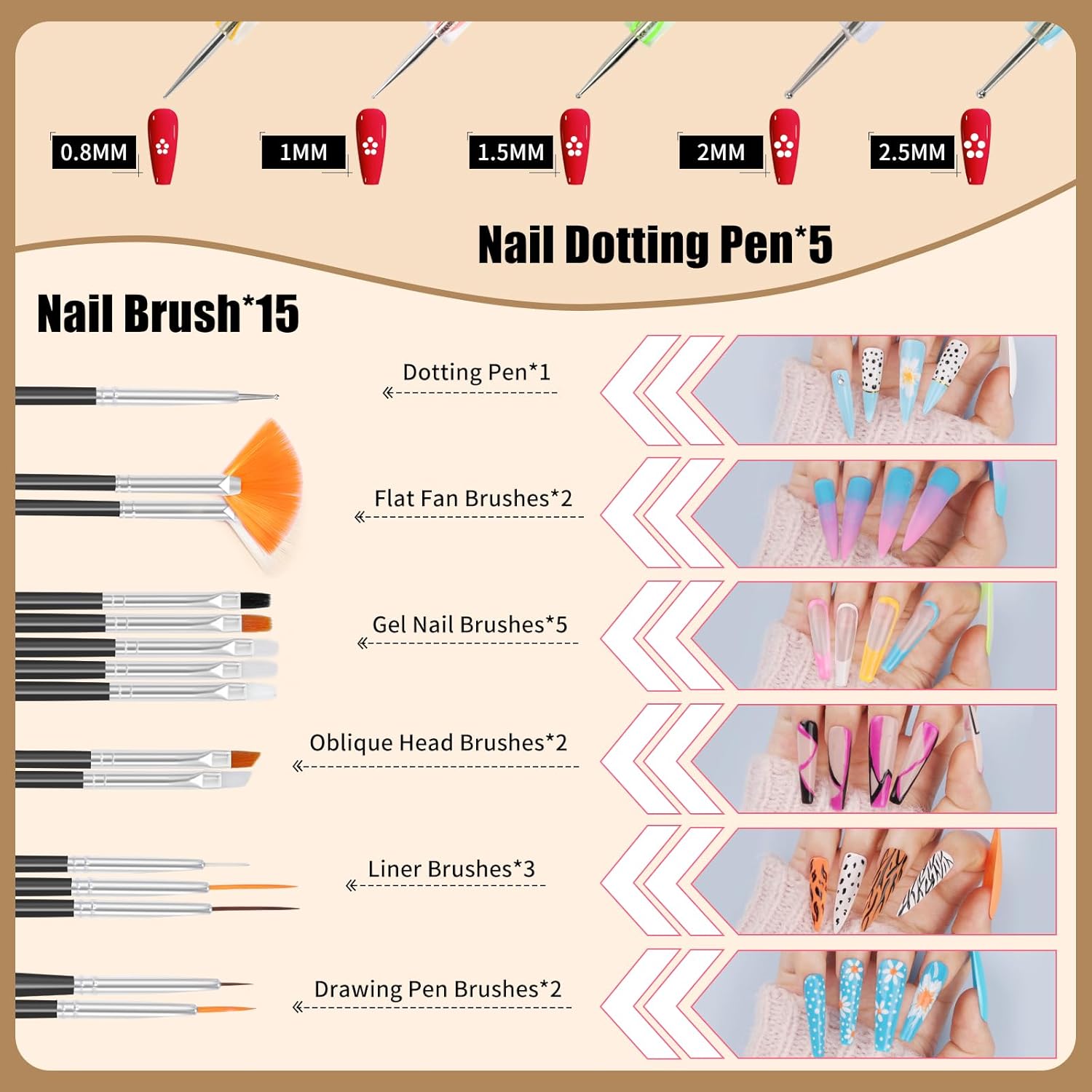 Nail Art Brushes,3D Nail Art Paiting Polish Design Kit with 15 Nail Gel Brushes, Nail Dotting Pen 5pcs, 12 Colors Nail Rinestones 10 Adhesive Nail Striping Tape for False Acrylic Nails