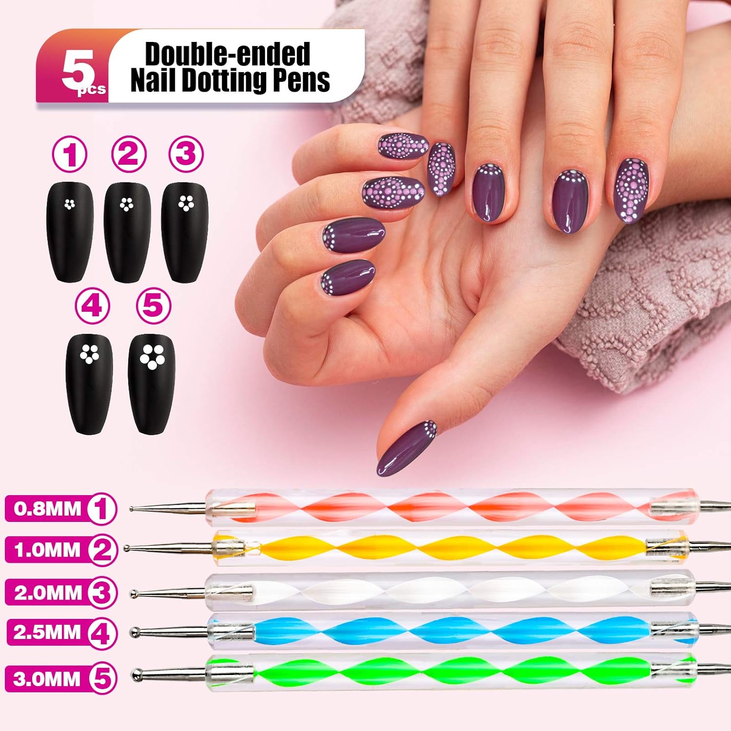 Nail Art Brushes,3D Nail Art Paiting Polish Design Kit with 15 Nail Gel Brushes, Nail Dotting Pen 5pcs, 12 Colors Nail Rinestones 10 Adhesive Nail Striping Tape for False Acrylic Nails