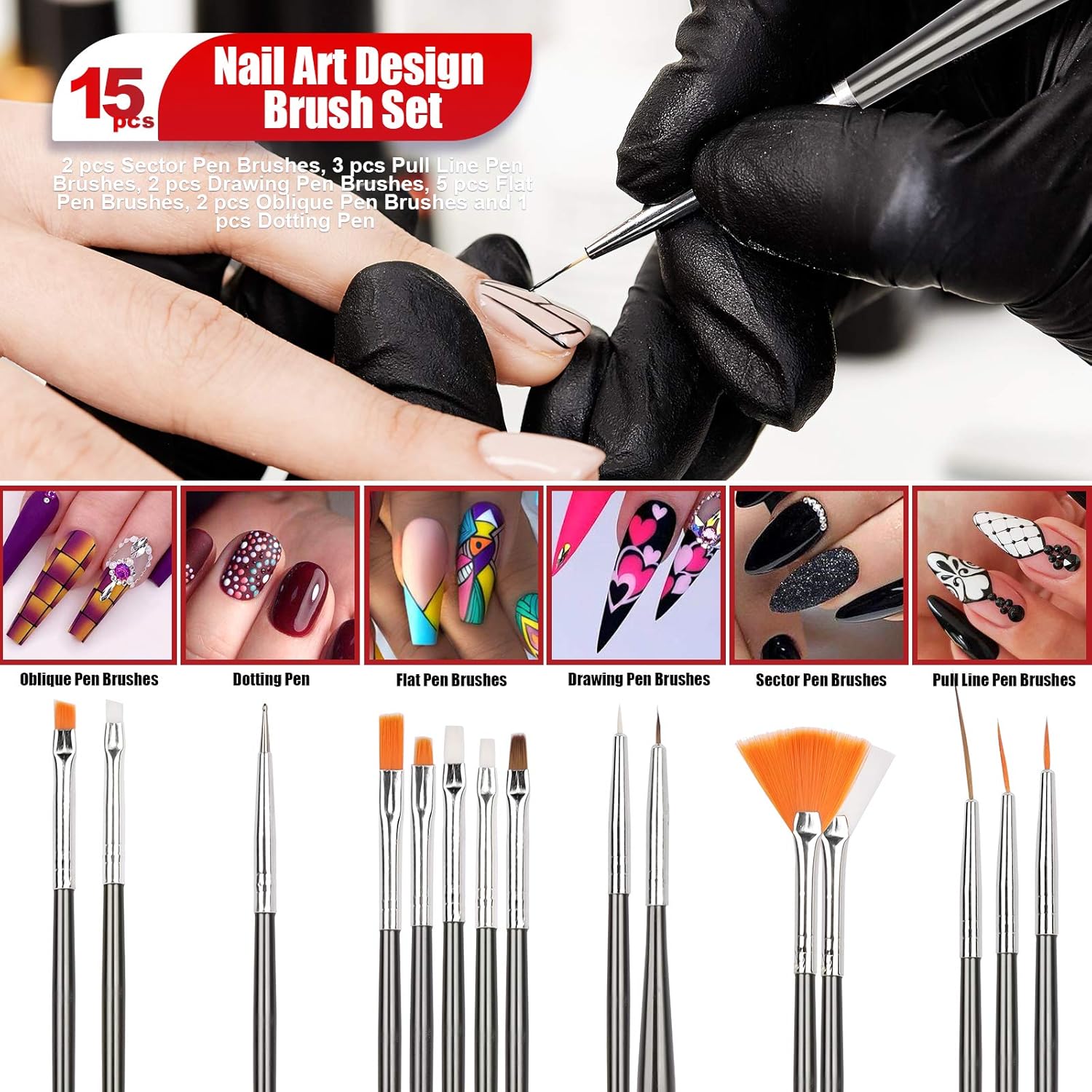 Nail Art Brushes,3D Nail Art Paiting Polish Design Kit with 15 Nail Gel Brushes, Nail Dotting Pen 5pcs, 12 Colors Nail Rinestones 10 Adhesive Nail Striping Tape for False Acrylic Nails