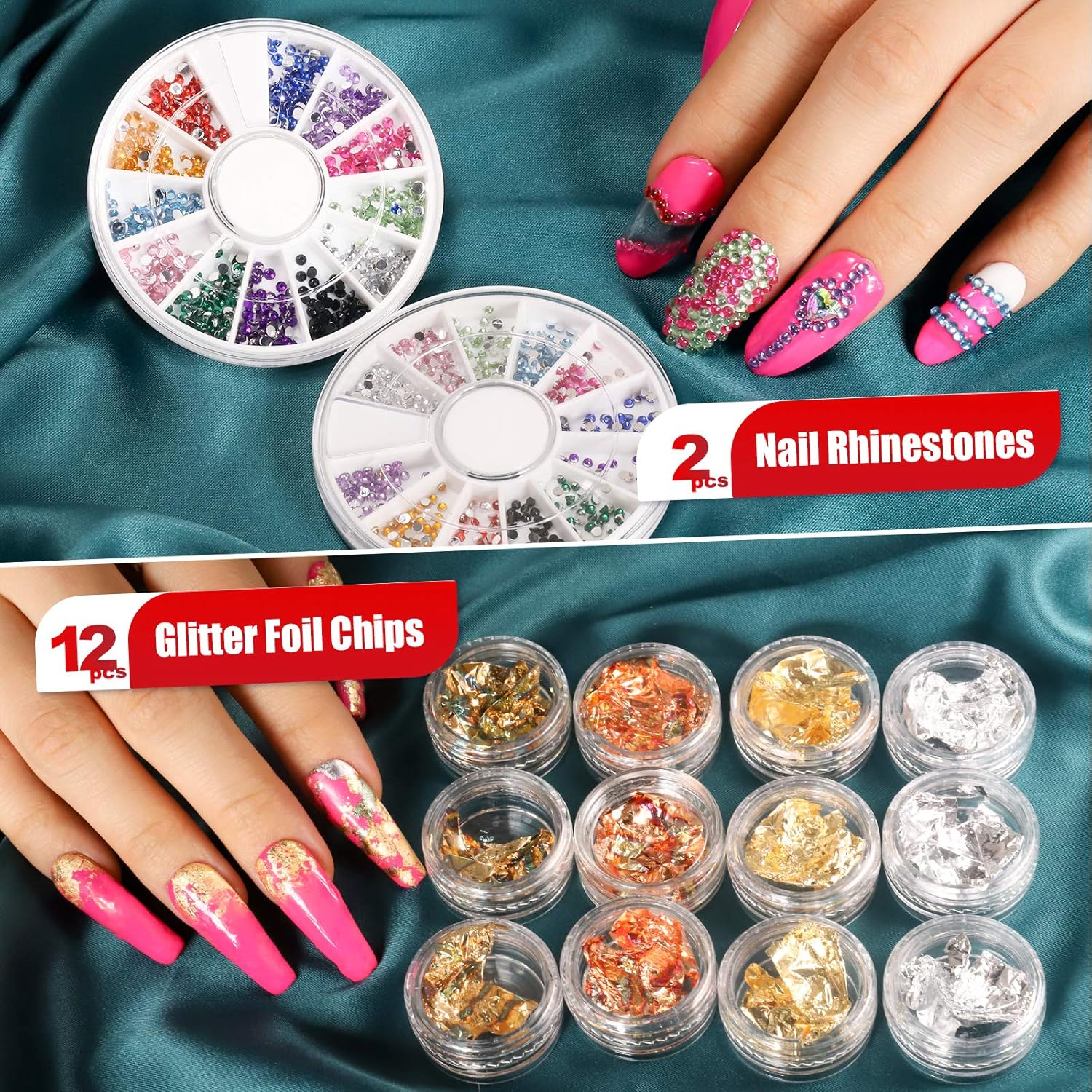 Nail Art Brushes,3D Nail Art Paiting Polish Design Kit with 15 Nail Gel Brushes, Nail Dotting Pen 5pcs, 12 Colors Nail Rinestones 10 Adhesive Nail Striping Tape for False Acrylic Nails