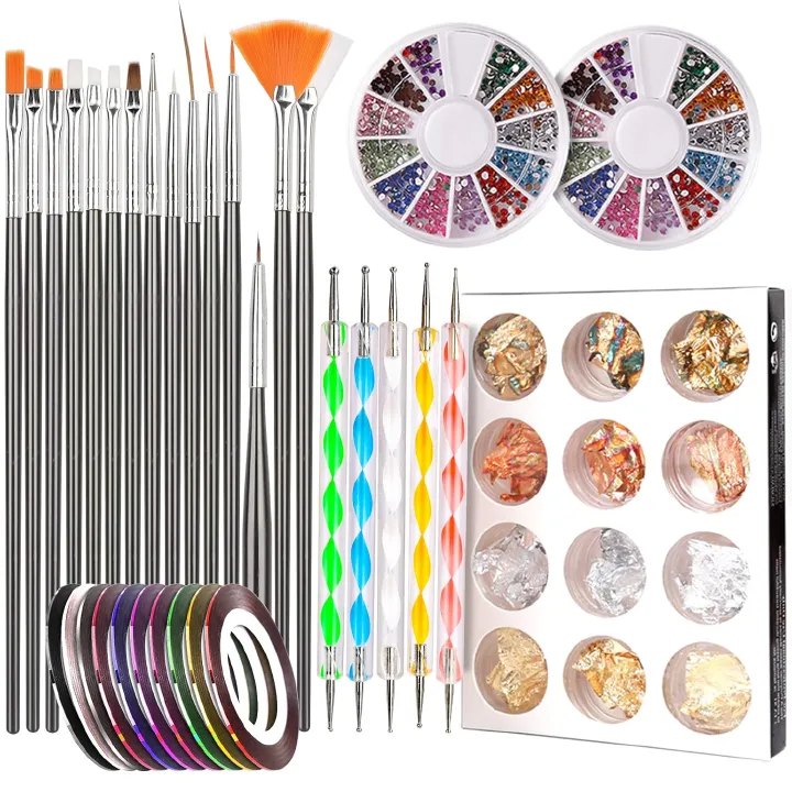 Nail Art Brushes,3D Nail Art Paiting Polish Design Kit with 15 Nail Gel Brushes, Nail Dotting Pen 5pcs, 12 Colors Nail Rinestones 10 Adhesive Nail Striping Tape for False Acrylic Nails