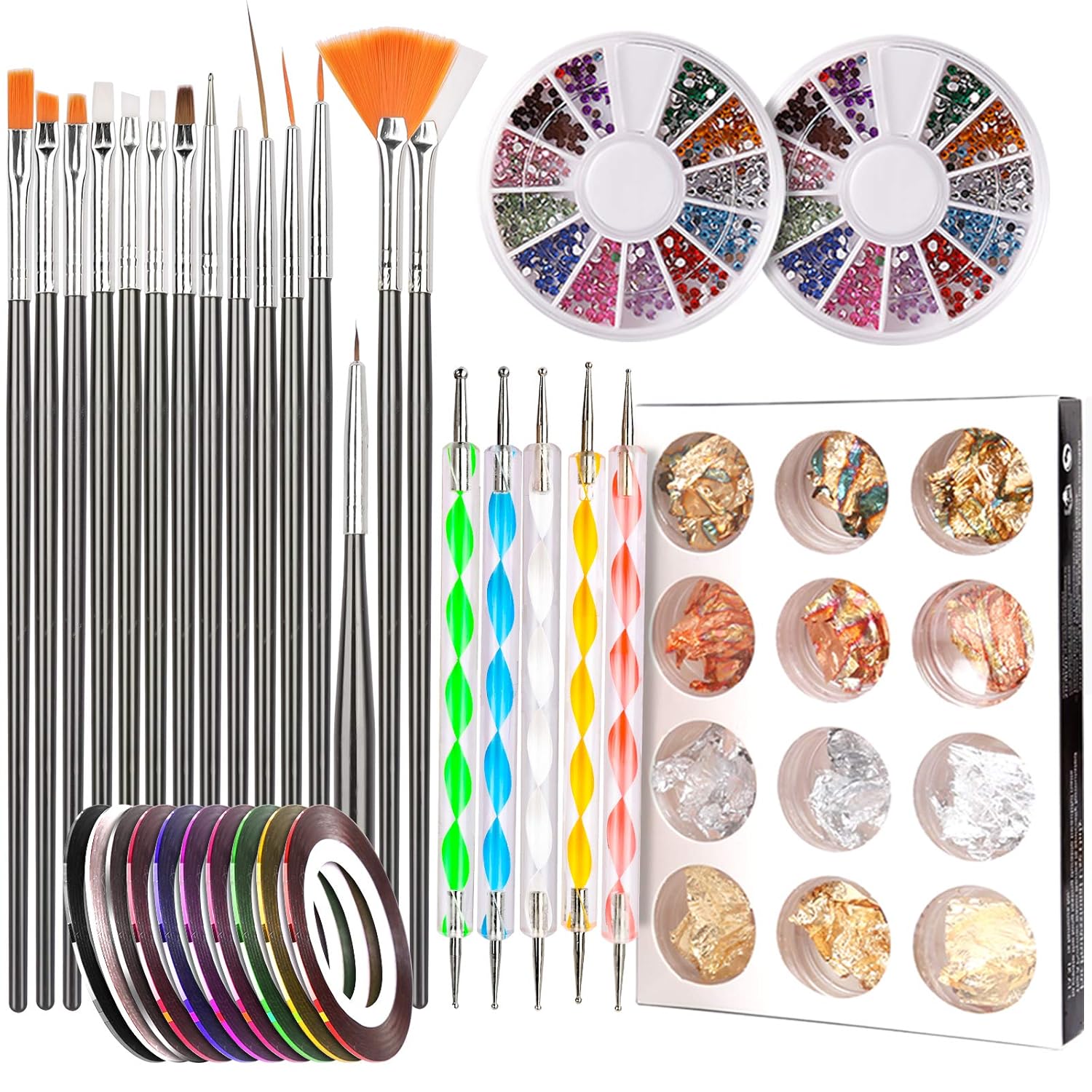 Nail Art Brushes,3D Nail Art Paiting Polish Design Kit with 15 Nail Gel Brushes, Nail Dotting Pen 5pcs, 12 Colors Nail Rinestones 10 Adhesive Nail Striping Tape for False Acrylic Nails
