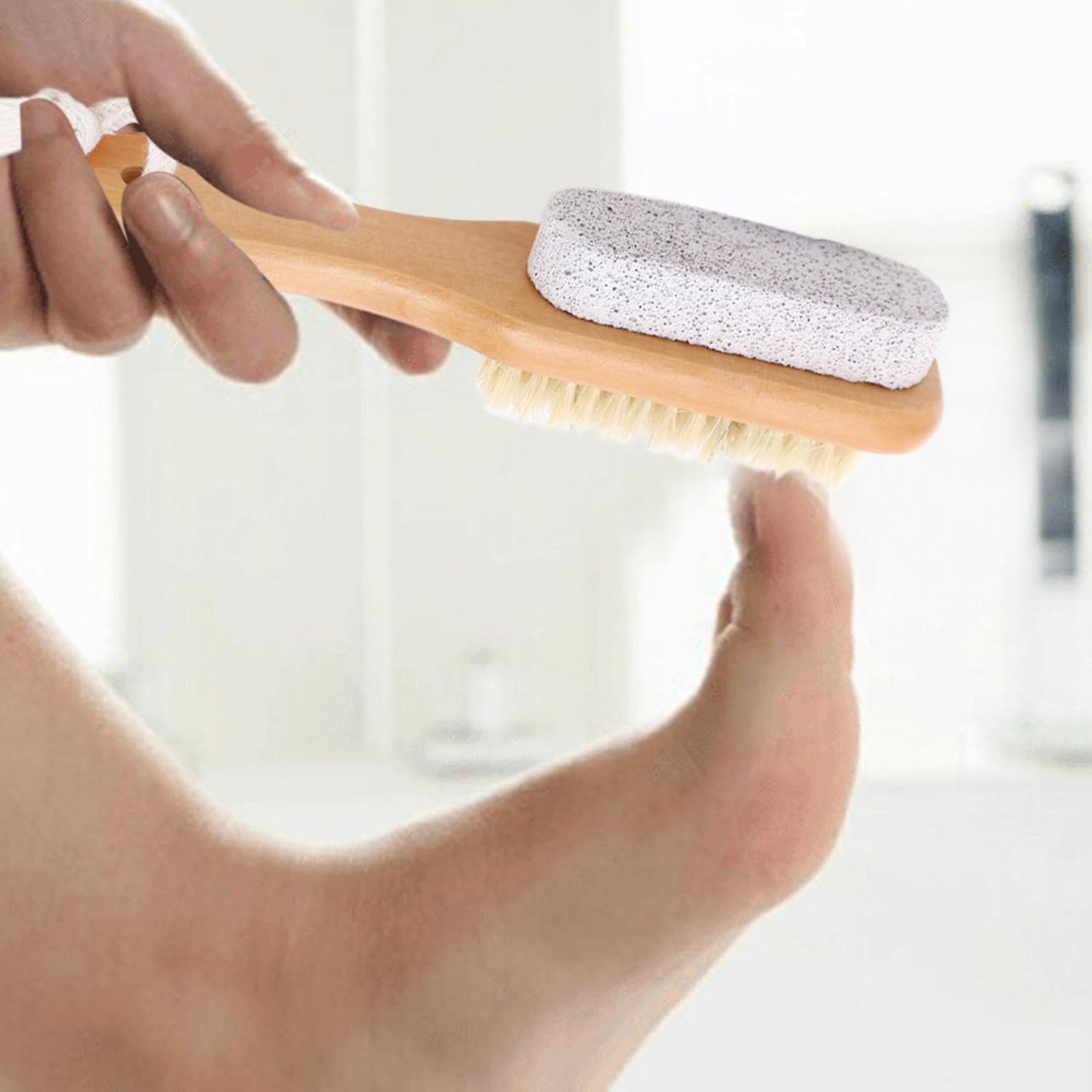 Foot Scrub Brush with Natural Pumice Stone – Wooden Body Brush for Exfoliating Dead Skin, Callus & Hard Skin Remover, Pedicure Tool, Shower & Bath Brush for Men and Women