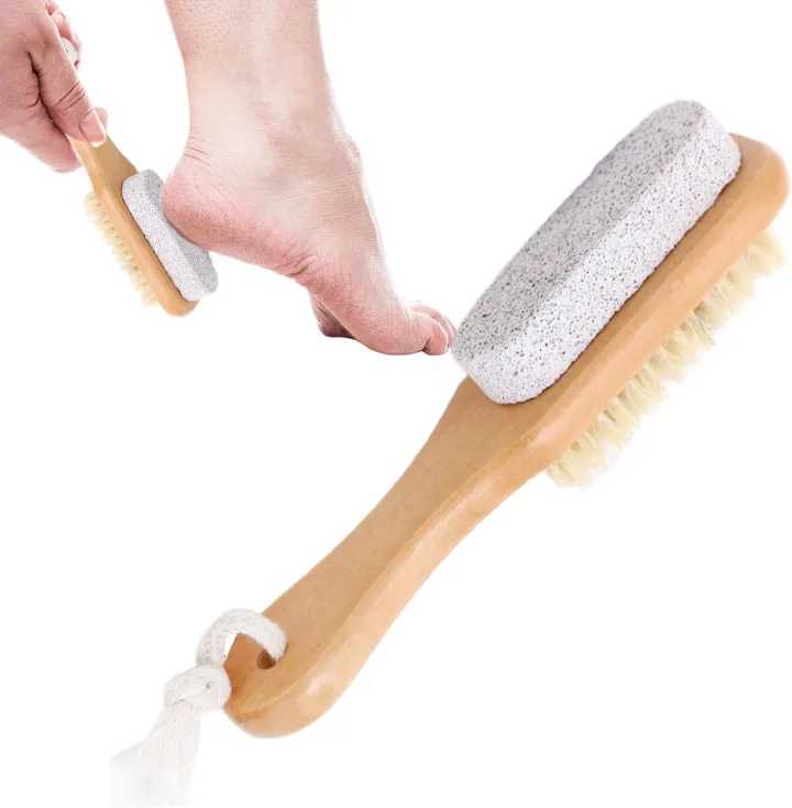 Foot Scrub Brush with Natural Pumice Stone – Wooden Body Brush for Exfoliating Dead Skin, Callus & Hard Skin Remover, Pedicure Tool, Shower & Bath Brush for Men and Women