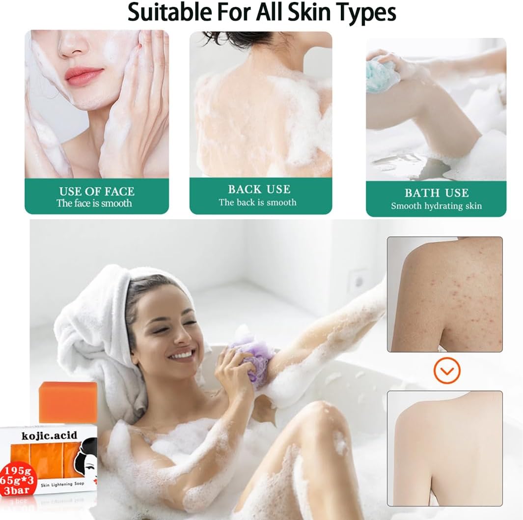 Kojic Acid Skin Brightening Soap 3Pcs * 65g, Facial Soap, Solid Soap Bar For Effectively Removing Acne Spots, And Used For Deeply Cleaning Face And Body Skin
