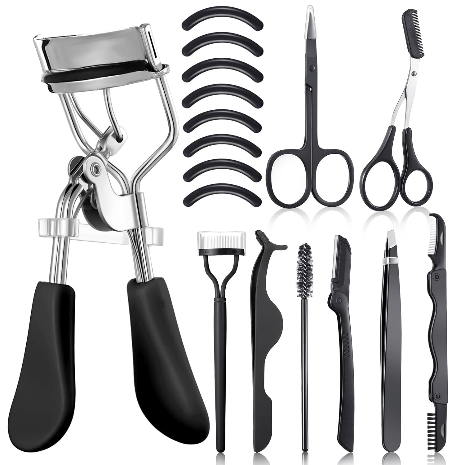 17 Pcs Eyelash Curlers Kit Lash Curler Eyelash Comb Seperator Extension Tweezers Eyebrow Brush Scissors False Eyelashes Applicator Eyebrow Trimmer Silicone Refills Pads for Women