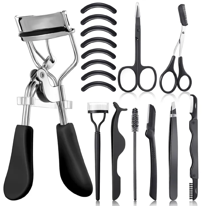 17 Pcs Eyelash Curlers Kit Lash Curler Eyelash Comb Seperator Extension Tweezers Eyebrow Brush Scissors False Eyelashes Applicator Eyebrow Trimmer Silicone Refills Pads for Women