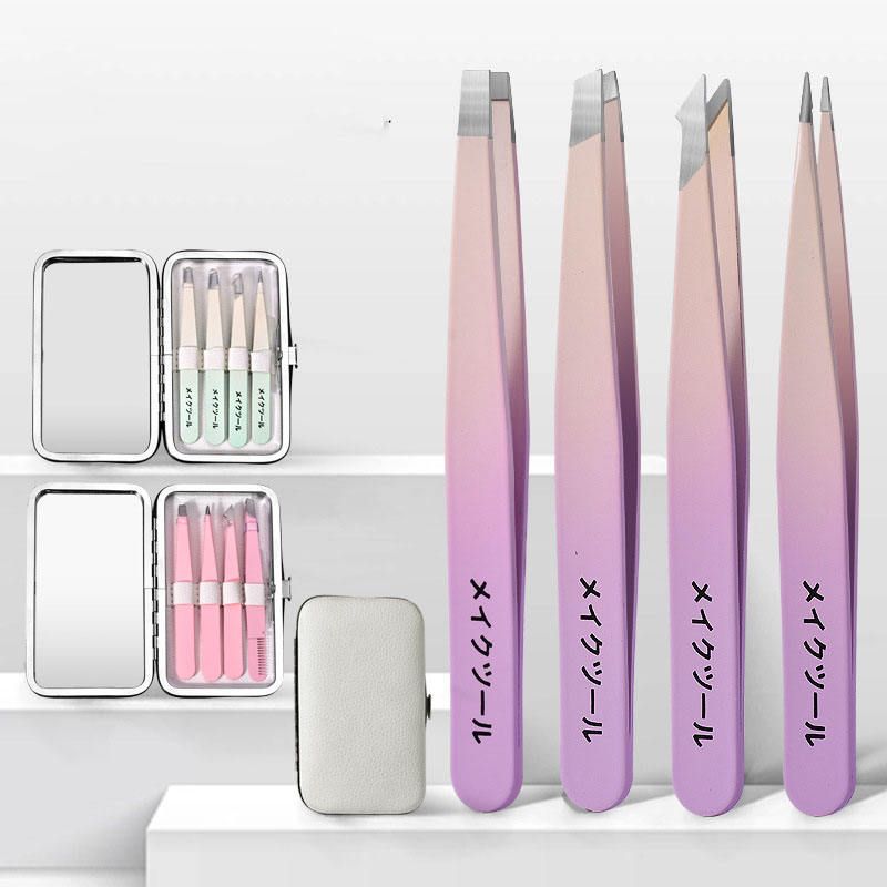 【Clearance Sale】Tweezers Set for Women Facial Hair,4Pcs Stainless Steel Eyebrow Tweezer Set with Travel Mirror Case, Suitable for Everyday Use in Car, Purse