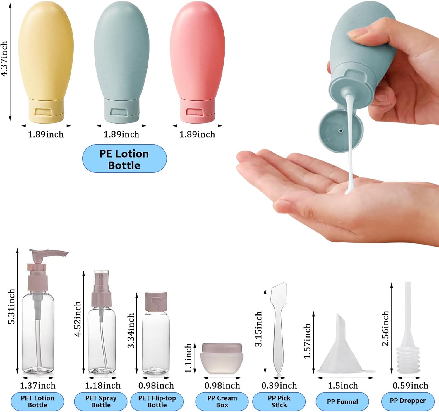 Travel Bottles for Toiletries, 11 PCS Leak Proof Refillable Squeezable Containers Set, Empty Plastic Travel Size Bottles for Shampoo, Conditioner, Cosmetic, Shower Gel