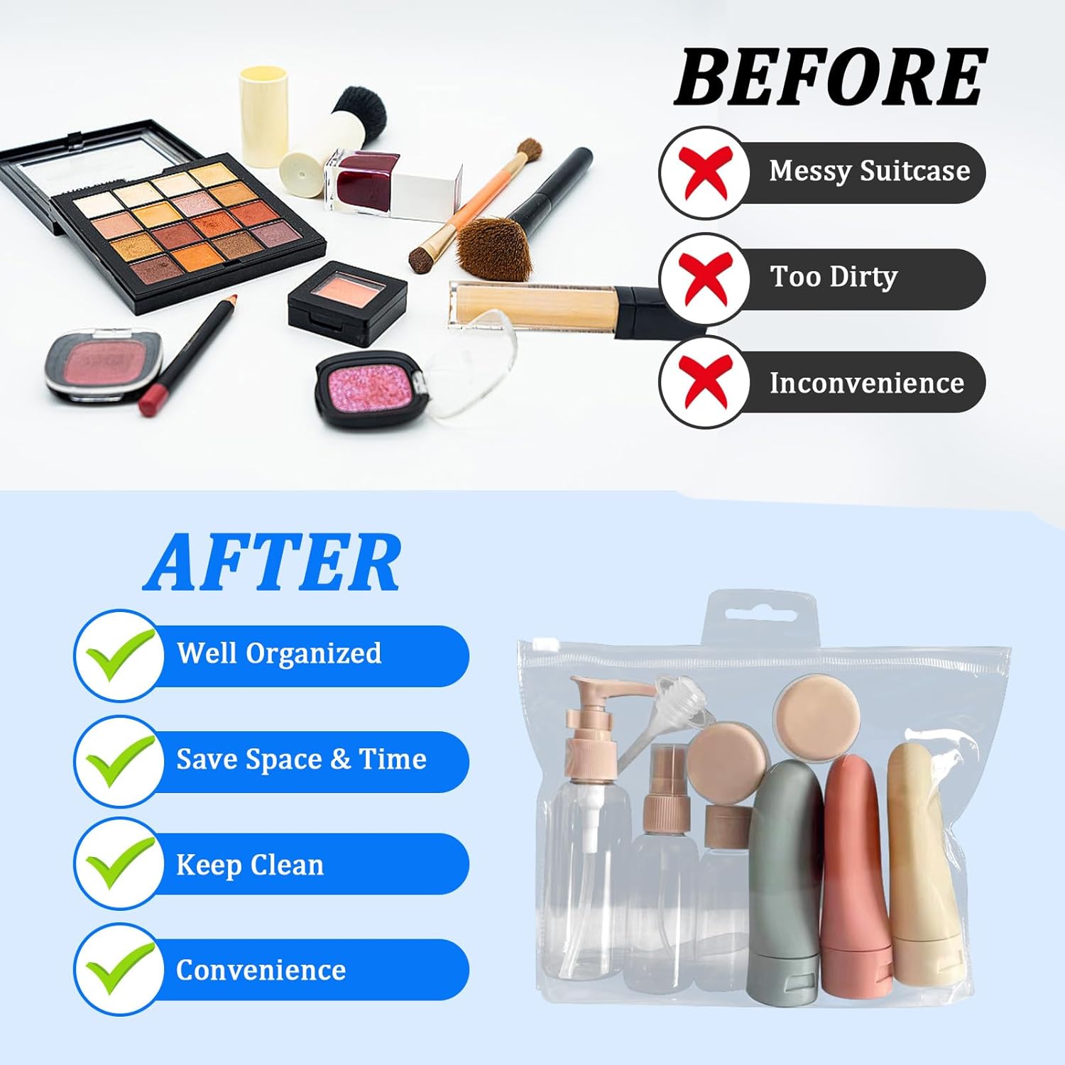 Travel Bottles for Toiletries, 11 PCS Leak Proof Refillable Squeezable Containers Set, Empty Plastic Travel Size Bottles for Shampoo, Conditioner, Cosmetic, Shower Gel