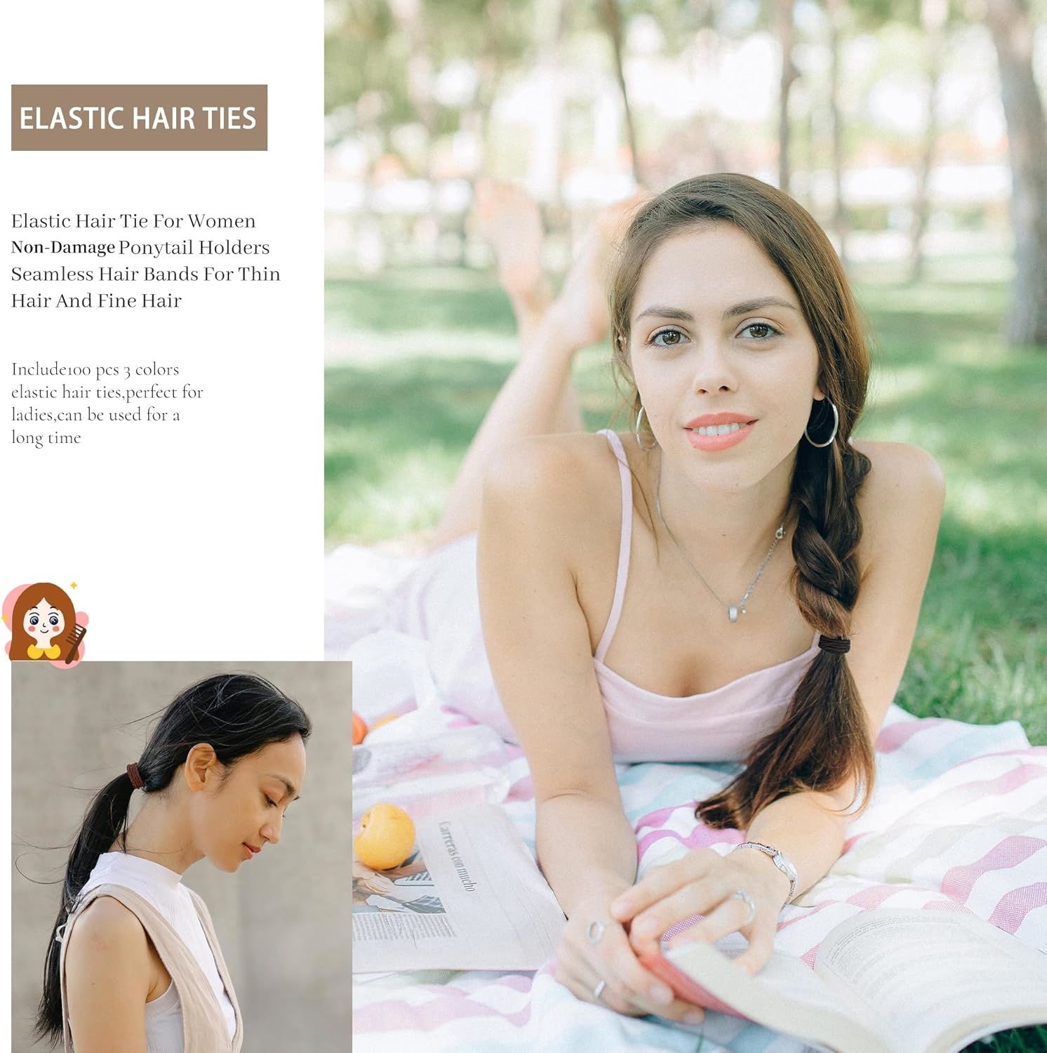 100pcs Hair Bands for Women,Twist Hair Bobbles for Thick Hair,Hair Elastics No Damage,Hairbands Hair Accessories ,Ponytail Holders Women Girls Thick Hair