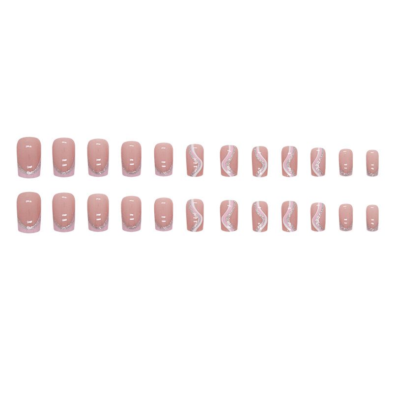 24 Pcs Press on Nails Medium Fake Nails Square Glue on Nails Wine Red False Nails with Design Silver Glitter Lines Reusable Artificial Nails Acrylic Stick on Nails for Women Girls