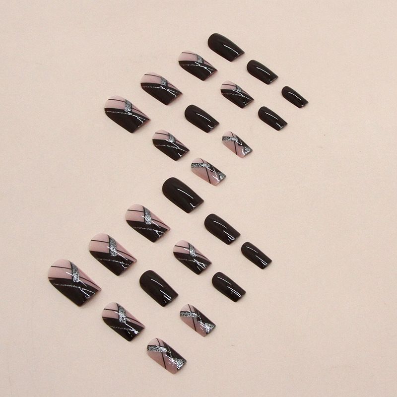 24 Pcs Press on Nails Medium Fake Nails Square Glue on Nails Wine Red False Nails with Design Silver Glitter Lines Reusable Artificial Nails Acrylic Stick on Nails for Women Girls
