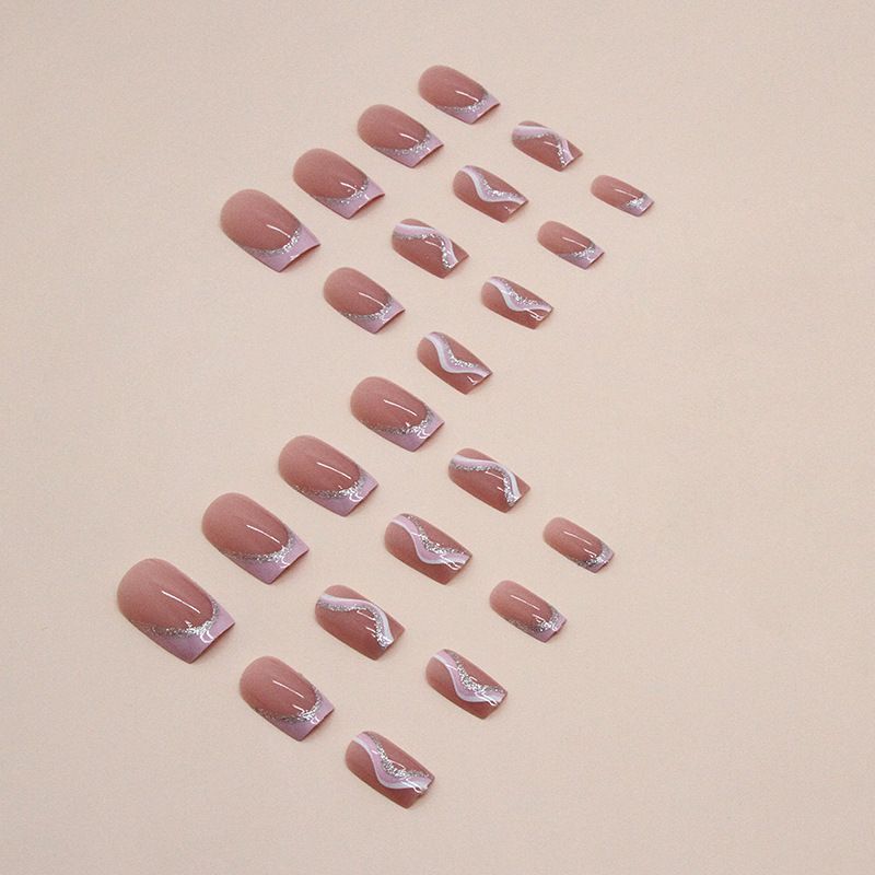 24 Pcs Press on Nails Medium Fake Nails Square Glue on Nails Wine Red False Nails with Design Silver Glitter Lines Reusable Artificial Nails Acrylic Stick on Nails for Women Girls