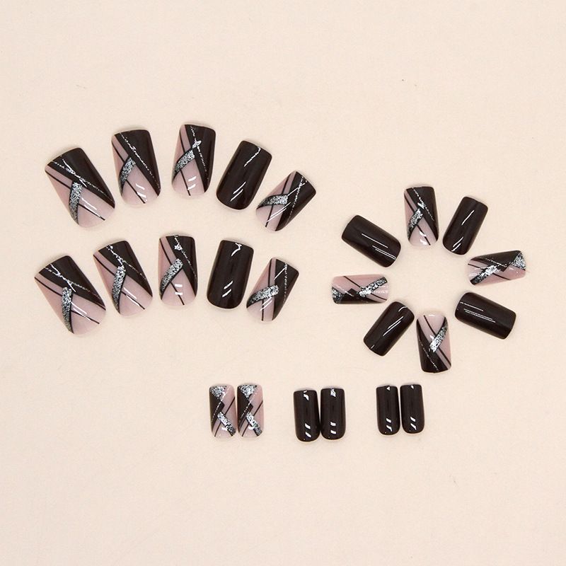 24 Pcs Press on Nails Medium Fake Nails Square Glue on Nails Wine Red False Nails with Design Silver Glitter Lines Reusable Artificial Nails Acrylic Stick on Nails for Women Girls