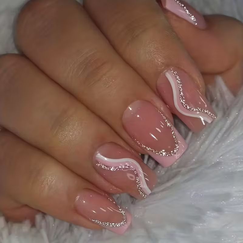 24 Pcs Press on Nails Medium Fake Nails Square Glue on Nails Wine Red False Nails with Design Silver Glitter Lines Reusable Artificial Nails Acrylic Stick on Nails for Women Girls