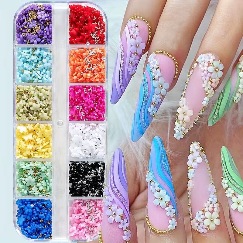 3D Colorful Flower Nail Art Charms, 12-Grid White Pink Acrylic Cherry Blossom Spring Petal Metal Gold Silver Round Caviar Beads Studs Pearl Rhinestones for Manicure Craft DIY
