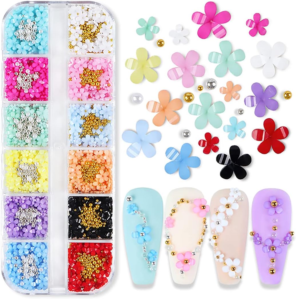 3D Colorful Flower Nail Art Charms, 12-Grid White Pink Acrylic Cherry Blossom Spring Petal Metal Gold Silver Round Caviar Beads Studs Pearl Rhinestones for Manicure Craft DIY