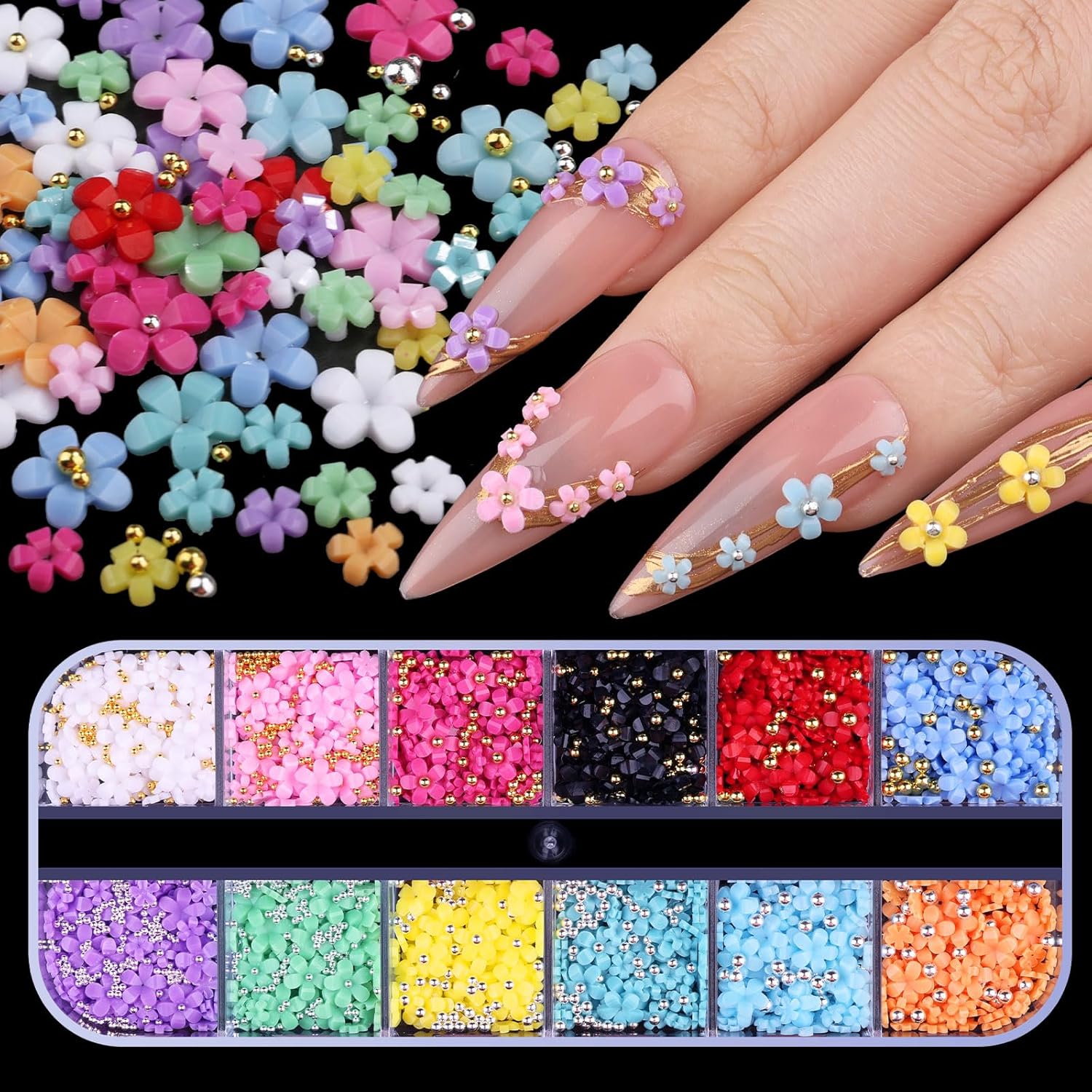3D Colorful Flower Nail Art Charms, 12-Grid White Pink Acrylic Cherry Blossom Spring Petal Metal Gold Silver Round Caviar Beads Studs Pearl Rhinestones for Manicure Craft DIY