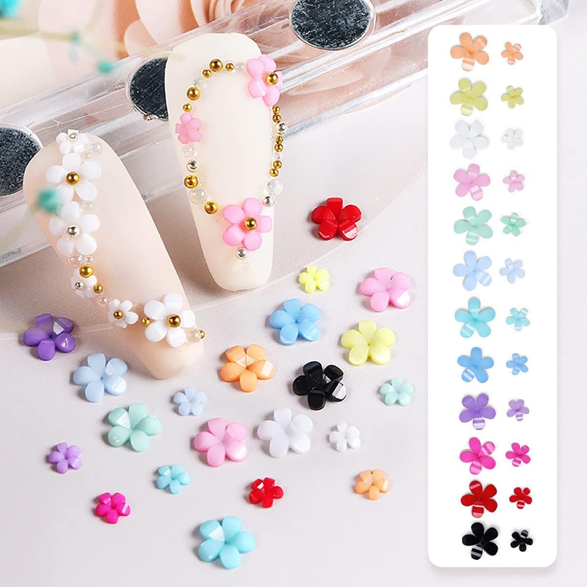 3D Colorful Flower Nail Art Charms, 12-Grid White Pink Acrylic Cherry Blossom Spring Petal Metal Gold Silver Round Caviar Beads Studs Pearl Rhinestones for Manicure Craft DIY