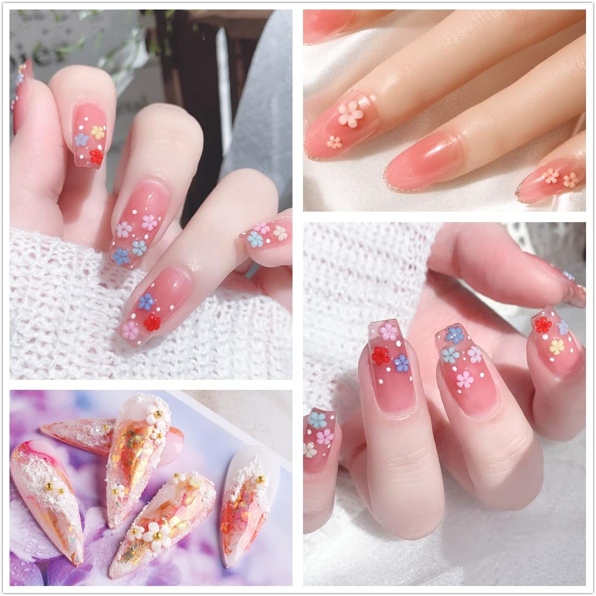 3D Colorful Flower Nail Art Charms, 12-Grid White Pink Acrylic Cherry Blossom Spring Petal Metal Gold Silver Round Caviar Beads Studs Pearl Rhinestones for Manicure Craft DIY