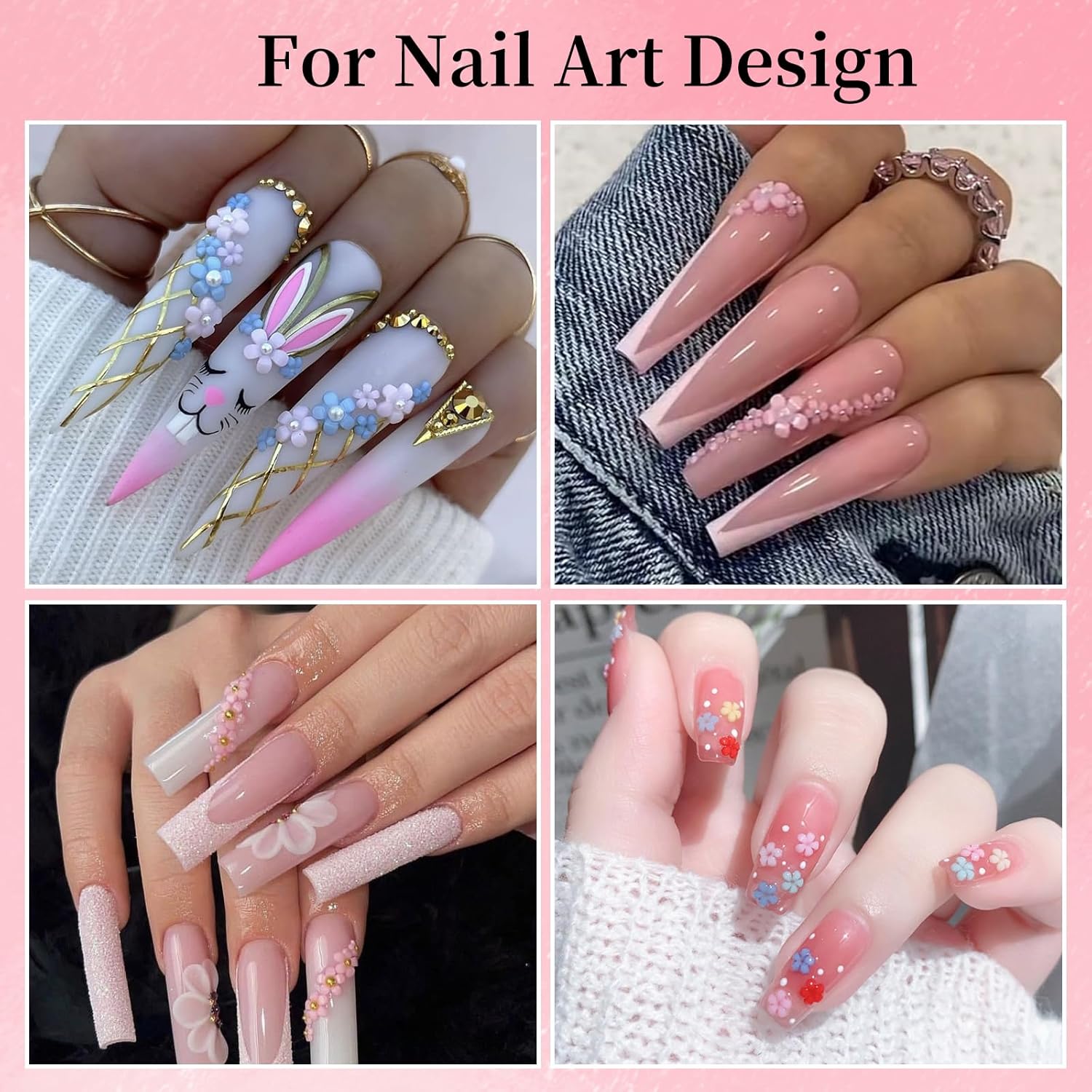 3D Colorful Flower Nail Art Charms, 12-Grid White Pink Acrylic Cherry Blossom Spring Petal Metal Gold Silver Round Caviar Beads Studs Pearl Rhinestones for Manicure Craft DIY