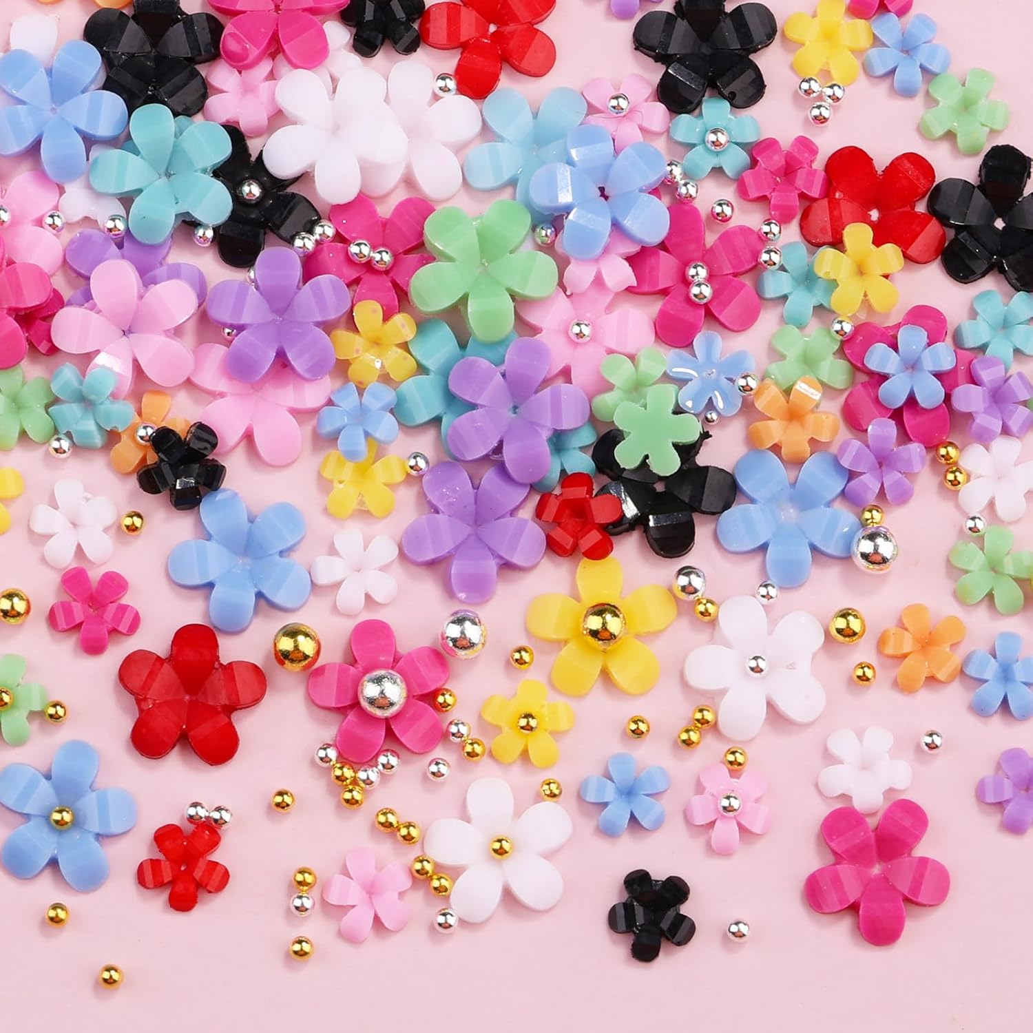3D Colorful Flower Nail Art Charms, 12-Grid White Pink Acrylic Cherry Blossom Spring Petal Metal Gold Silver Round Caviar Beads Studs Pearl Rhinestones for Manicure Craft DIY
