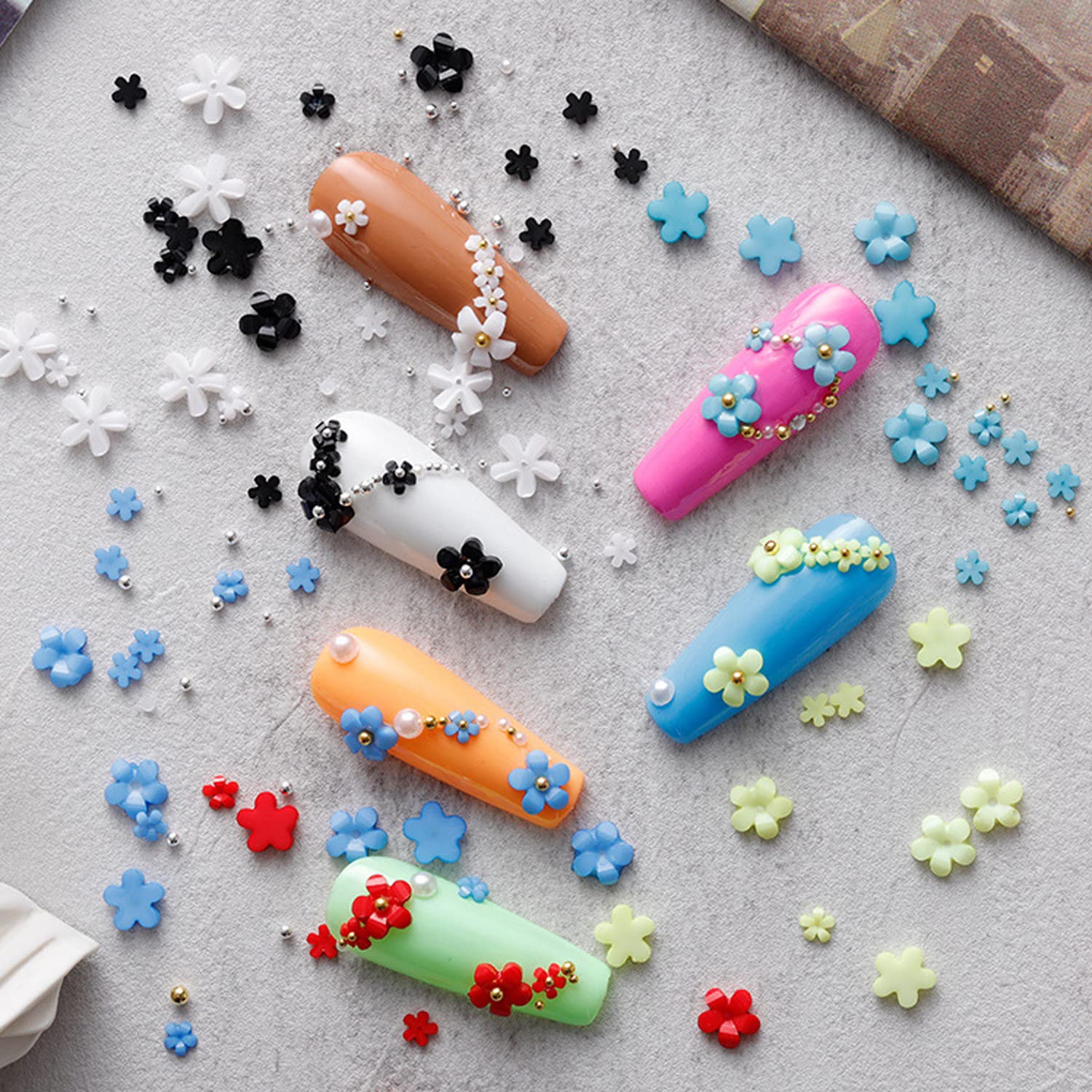 3D Colorful Flower Nail Art Charms, 12-Grid White Pink Acrylic Cherry Blossom Spring Petal Metal Gold Silver Round Caviar Beads Studs Pearl Rhinestones for Manicure Craft DIY