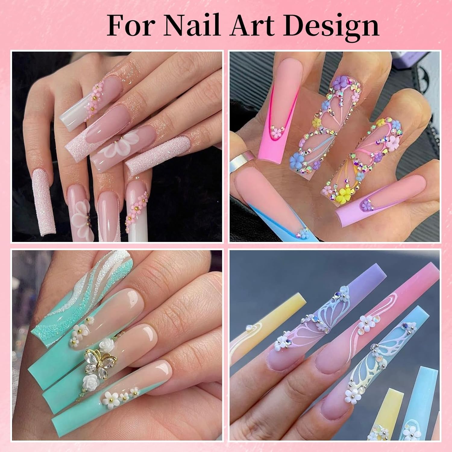 3D Colorful Flower Nail Art Charms, 12-Grid White Pink Acrylic Cherry Blossom Spring Petal Metal Gold Silver Round Caviar Beads Studs Pearl Rhinestones for Manicure Craft DIY