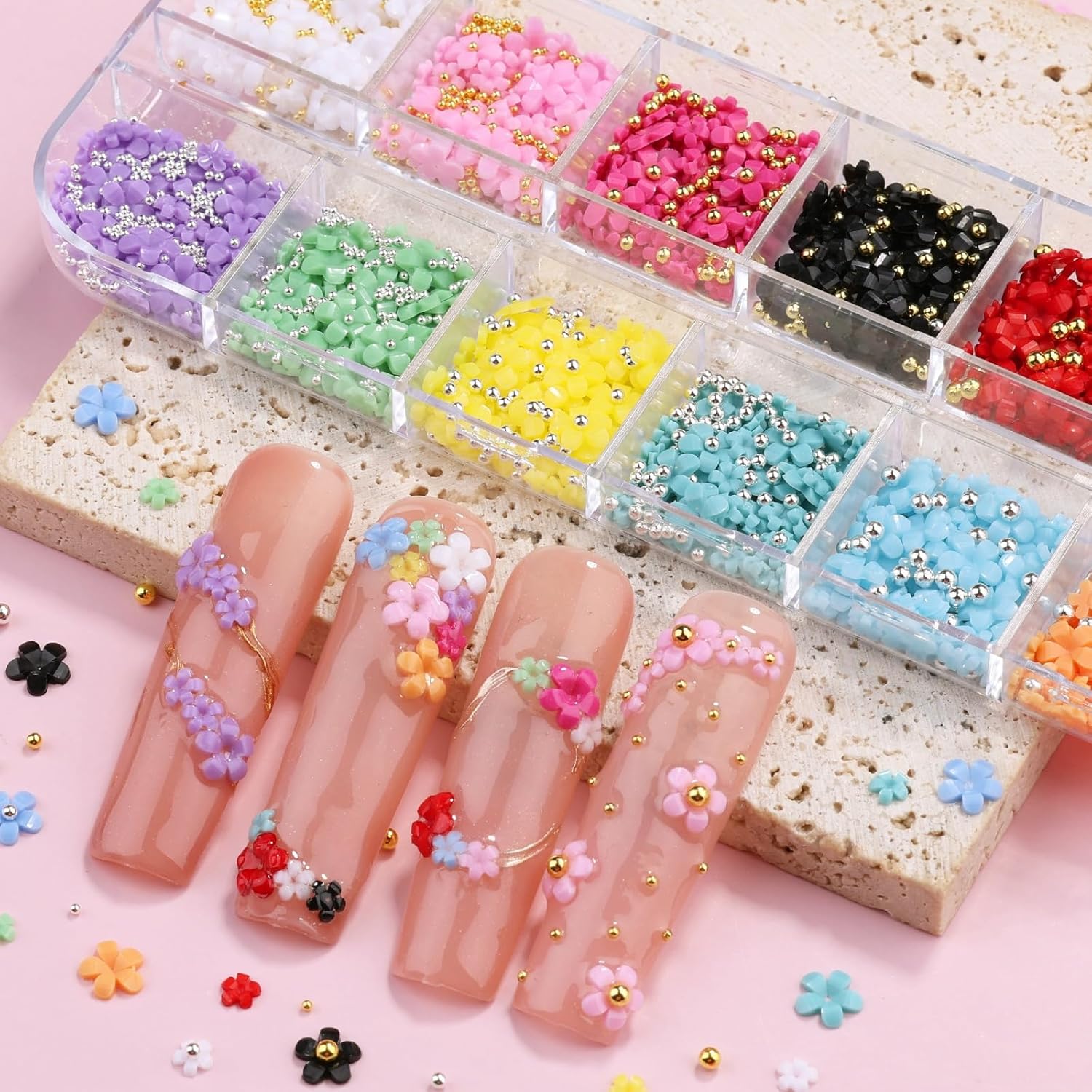 3D Colorful Flower Nail Art Charms, 12-Grid White Pink Acrylic Cherry Blossom Spring Petal Metal Gold Silver Round Caviar Beads Studs Pearl Rhinestones for Manicure Craft DIY