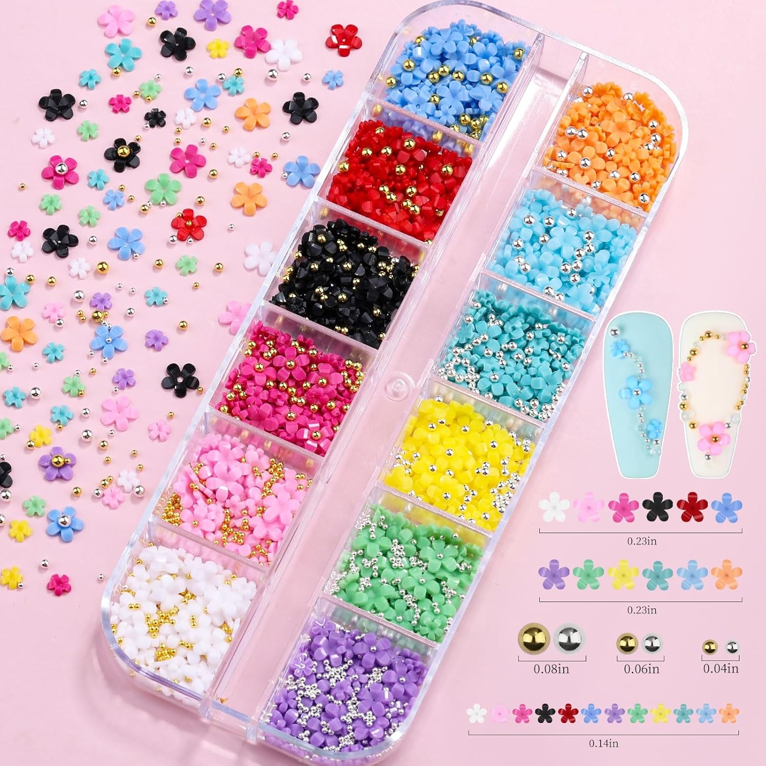 3D Colorful Flower Nail Art Charms, 12-Grid White Pink Acrylic Cherry Blossom Spring Petal Metal Gold Silver Round Caviar Beads Studs Pearl Rhinestones for Manicure Craft DIY