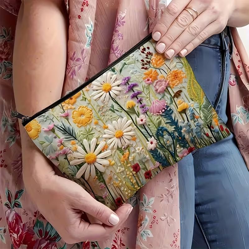 1pc Vibrant Floral Makeup & Toiletry Organizer Bag - Durable Reusable Foldable Travel Cosmetic Case with Zipper Closure, Portable Cosmetic Pouch for Women, Artistic Design
