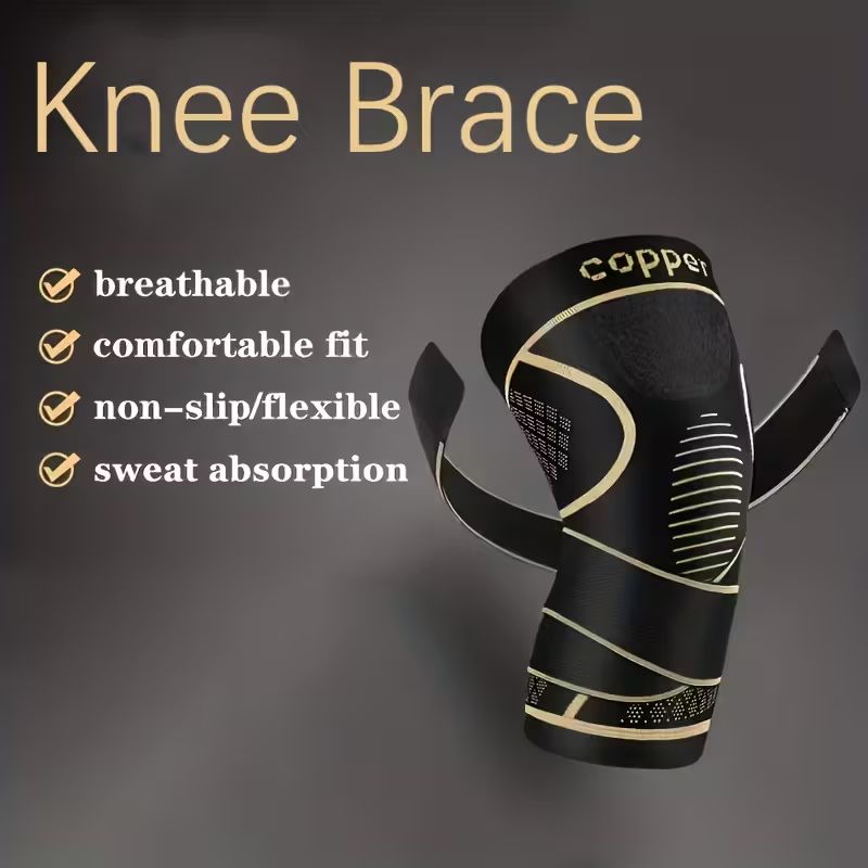 1pc Copper Knee Brace with Strap - Black Compression Sleeve for Stability, Nylon Blend, Modern Design, Strapfast Closure, Comfortable & Durable, Ideal for Daily Activities