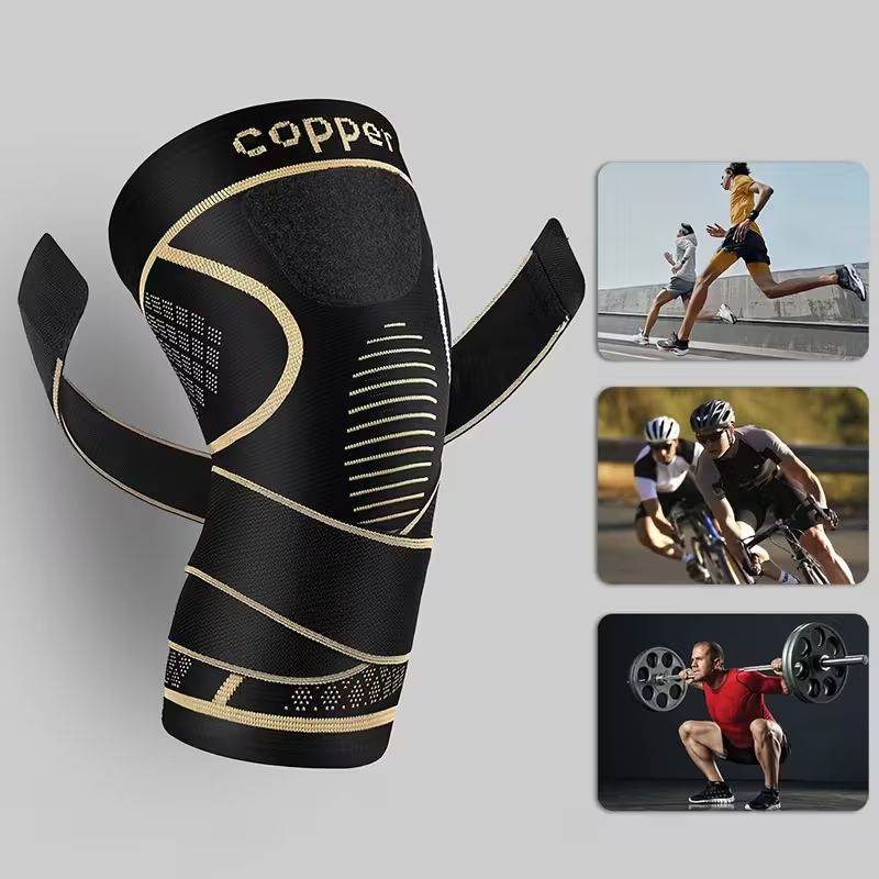 1pc Copper Knee Brace with Strap - Black Compression Sleeve for Stability, Nylon Blend, Modern Design, Strapfast Closure, Comfortable & Durable, Ideal for Daily Activities