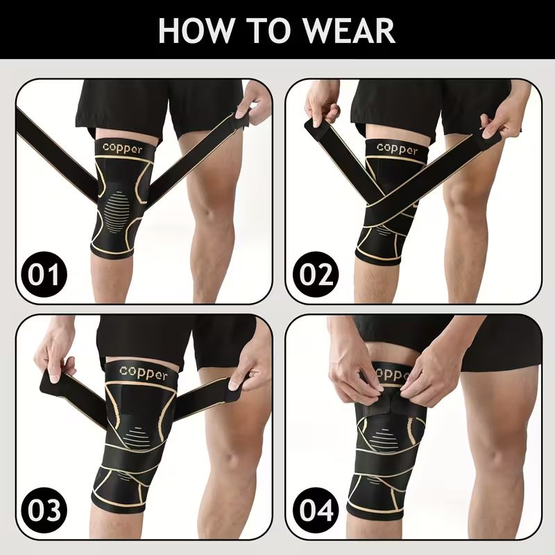 1pc Copper Knee Brace with Strap - Black Compression Sleeve for Stability, Nylon Blend, Modern Design, Strapfast Closure, Comfortable & Durable, Ideal for Daily Activities