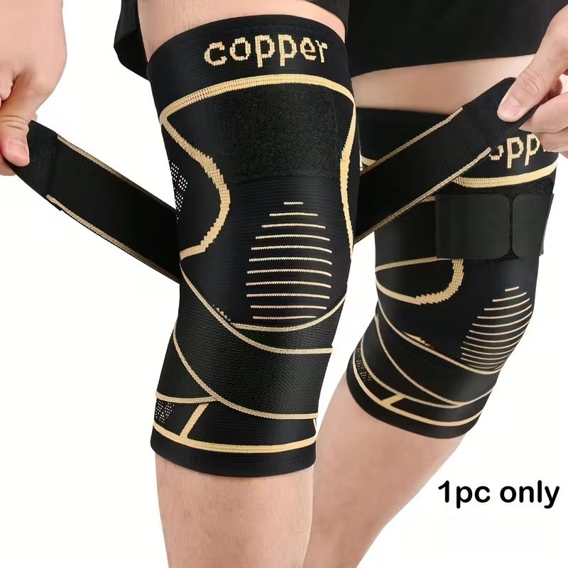 1pc Copper Knee Brace with Strap - Black Compression Sleeve for Stability, Nylon Blend, Modern Design, Strapfast Closure, Comfortable & Durable, Ideal for Daily Activities