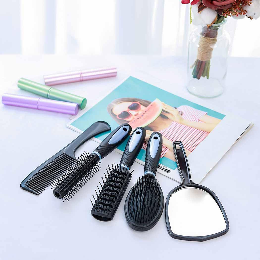 【Clearance Sale】5Pcs Hair Comb Brush Set with Mirror Hairbrush Holder Professional Massage Combs Cosmetics Hair Styling Tools Sets for Women Ladies Adults Kids