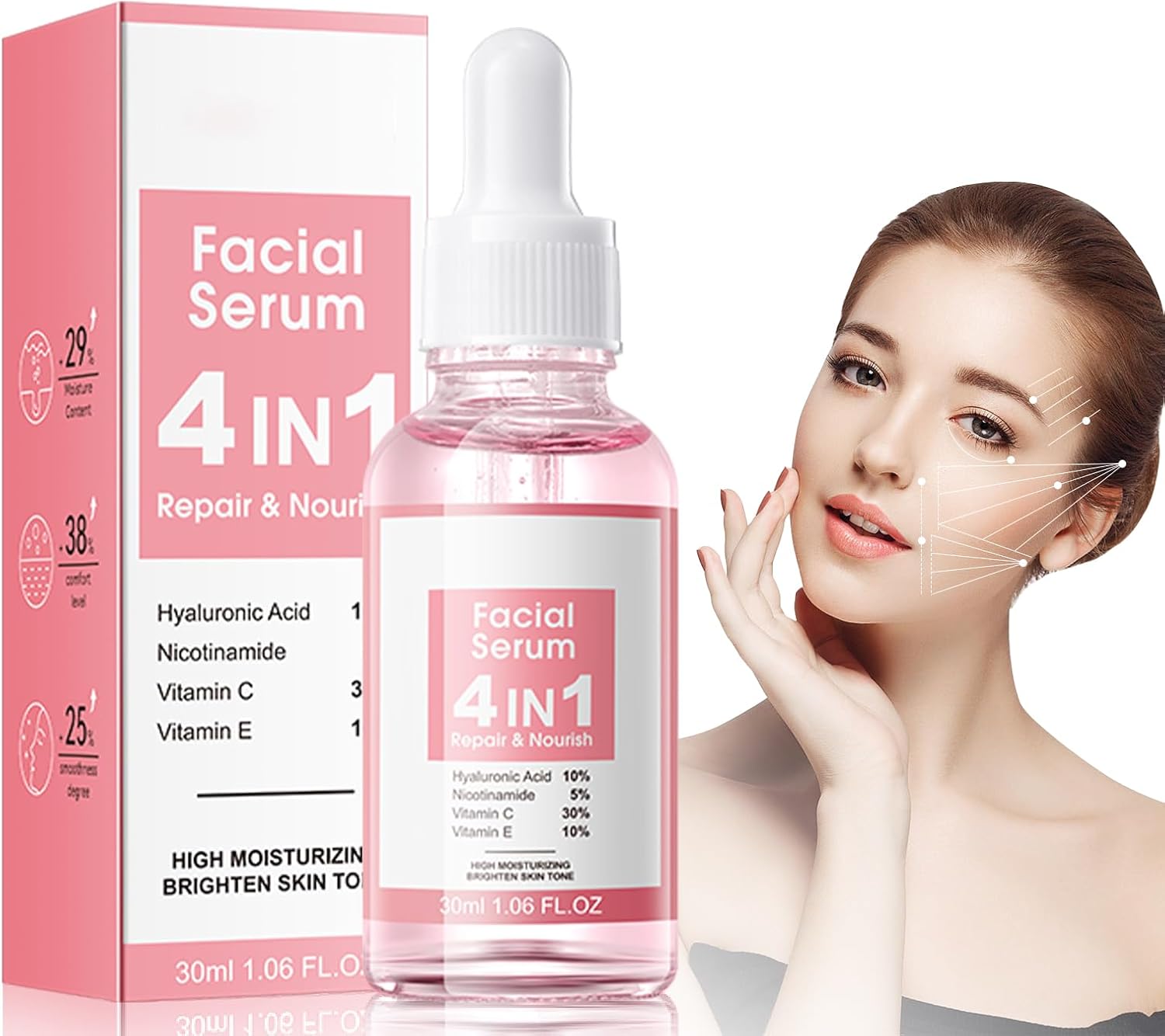 SADOER 4 in 1 Anti Aging Face Serum for Women, Serum Face with Hyaluronic Acid, Nicotinamide, Vitamin C, Vitamin E, skin care for Fade Fine Lines, Improve Dull Tired Skin, Fades Dark Spots