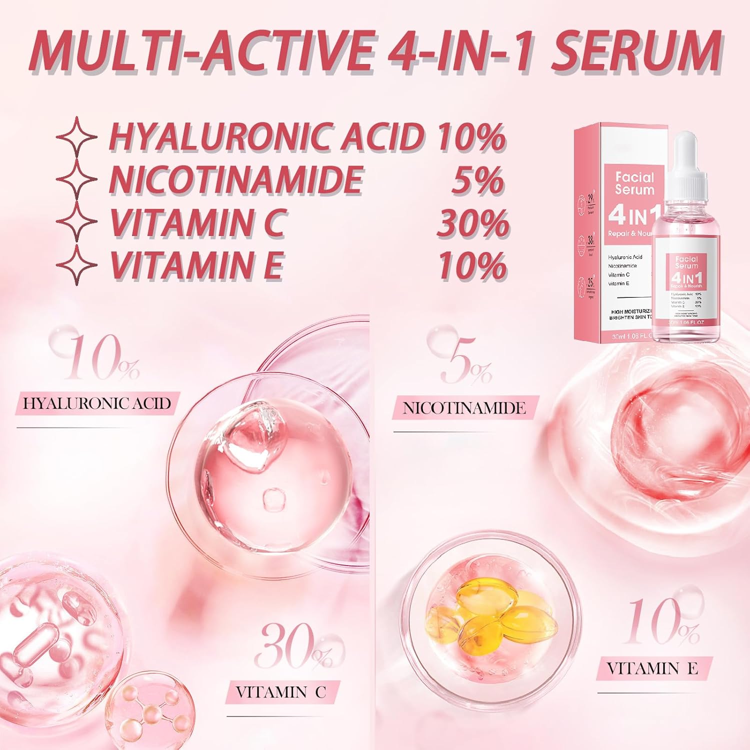SADOER 4 in 1 Anti Aging Face Serum for Women, Serum Face with Hyaluronic Acid, Nicotinamide, Vitamin C, Vitamin E, skin care for Fade Fine Lines, Improve Dull Tired Skin, Fades Dark Spots