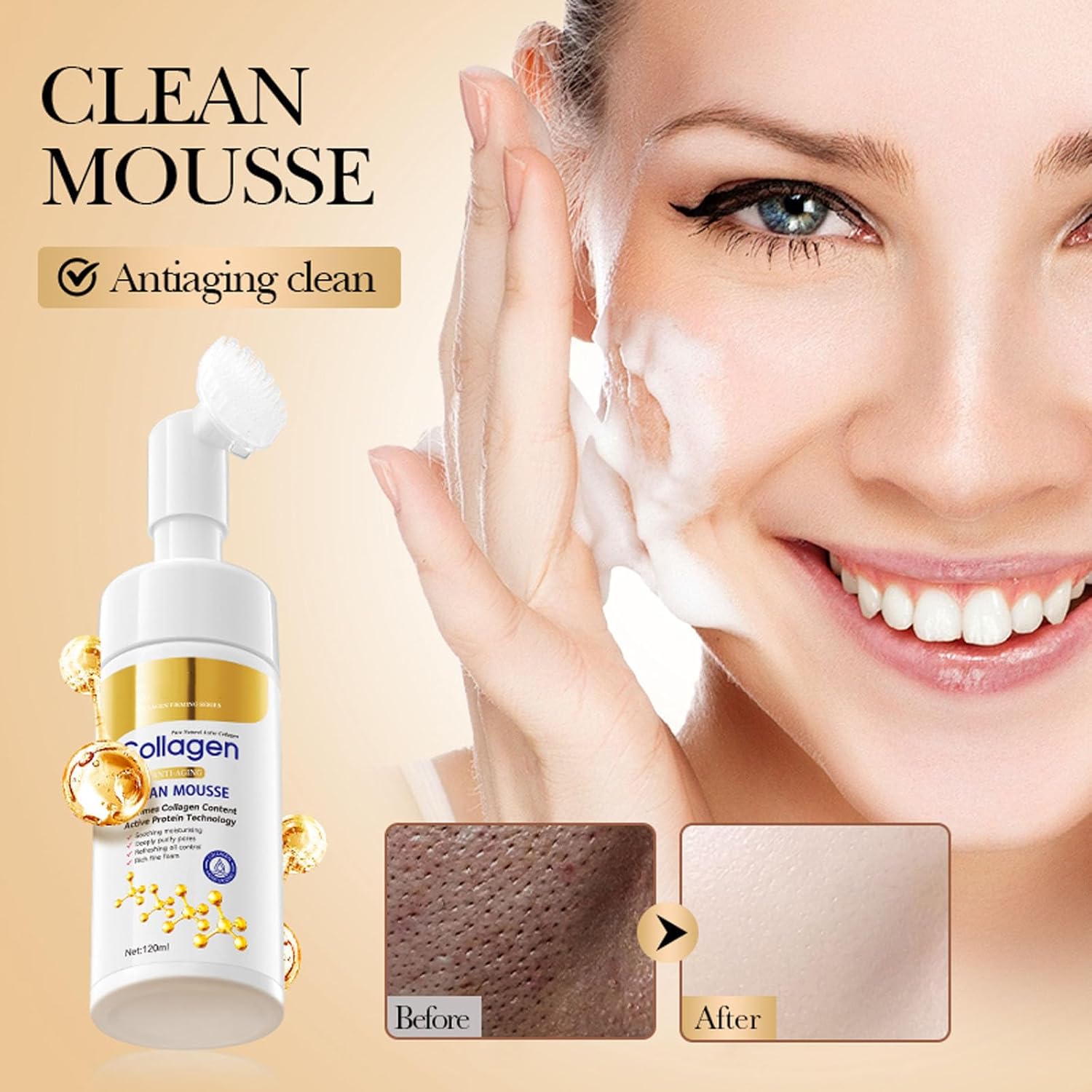 【Clearance Sale】SADOER Collagen Clean Mousse, 120ml Collagen Anti-Wrinkle Cleansing Mousse Cleanser, Face Wash Cleansing Foam with Collagen & Hyaluronic Acid, Anti-Aging Facial Cleanser for Oily Skin