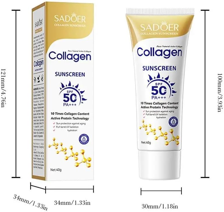 【Clearance Sale】SADOER Collagen Sunscreen SPF 50 – Broad Spectrum UVA/UVB Protection with Active Protein & Collagen – Lightweight, Hydrating, Anti-Aging Formula – 40g