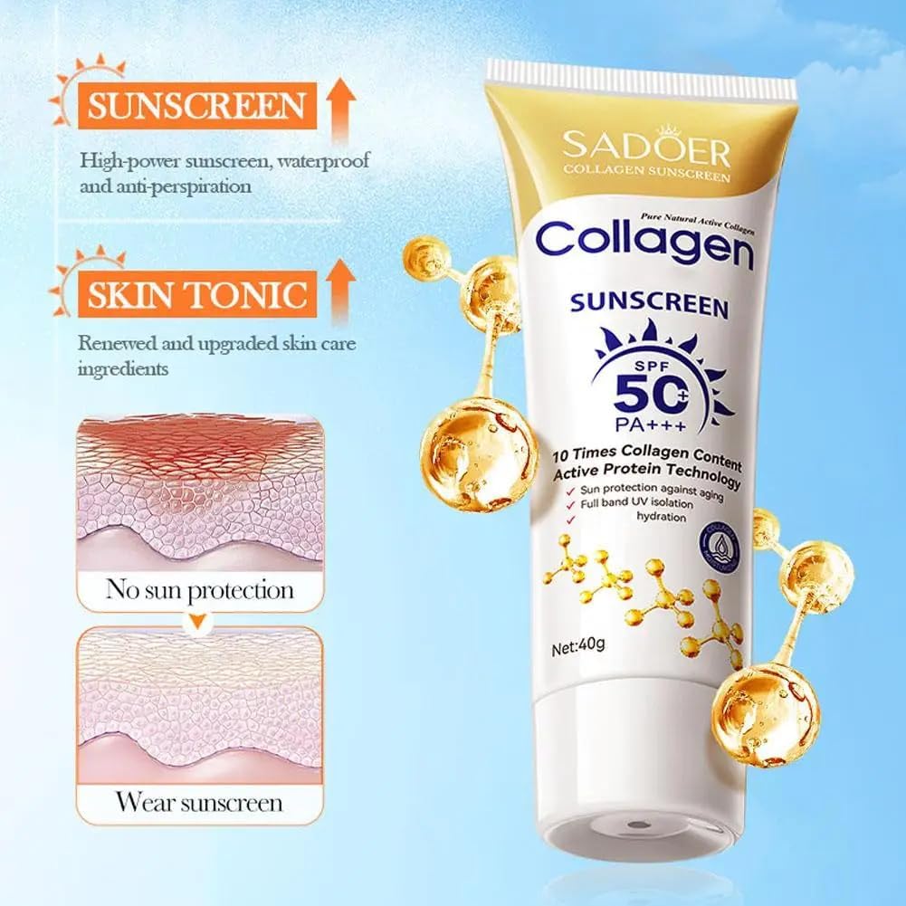 【Clearance Sale】SADOER Collagen Sunscreen SPF 50 – Broad Spectrum UVA/UVB Protection with Active Protein & Collagen – Lightweight, Hydrating, Anti-Aging Formula – 40g