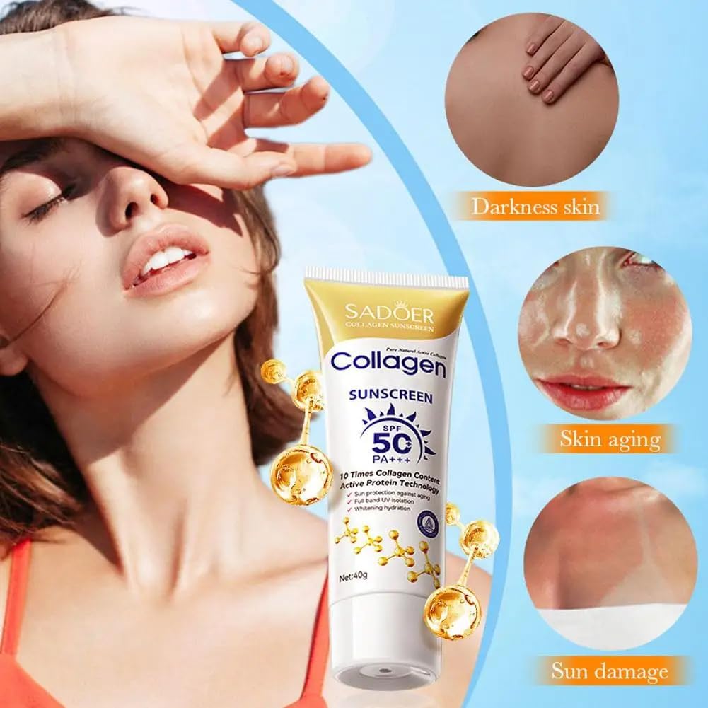 【Clearance Sale】SADOER Collagen Sunscreen SPF 50 – Broad Spectrum UVA/UVB Protection with Active Protein & Collagen – Lightweight, Hydrating, Anti-Aging Formula – 40g