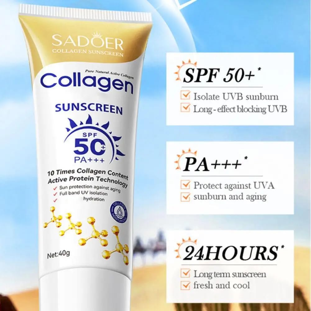 【Clearance Sale】SADOER Collagen Sunscreen SPF 50 – Broad Spectrum UVA/UVB Protection with Active Protein & Collagen – Lightweight, Hydrating, Anti-Aging Formula – 40g